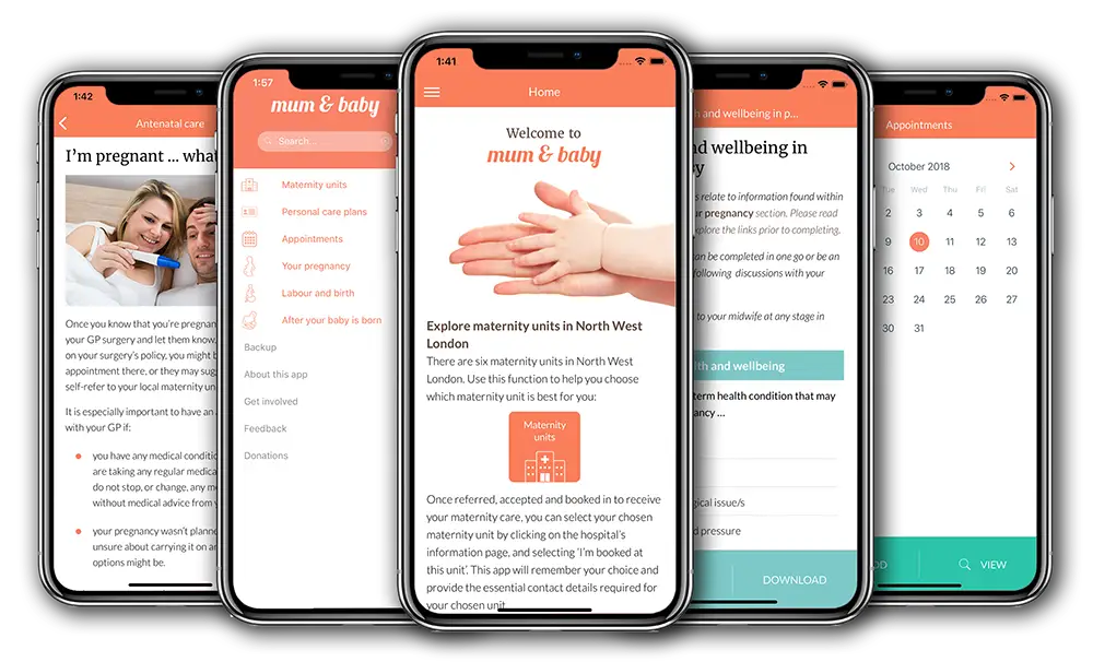 Complete Mum and Baby onboarding flow across four phones