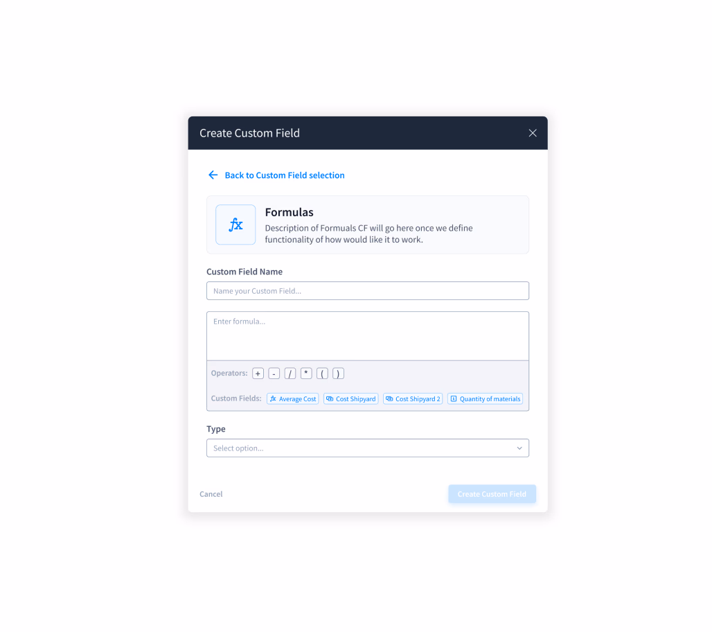 Formulas feature interface