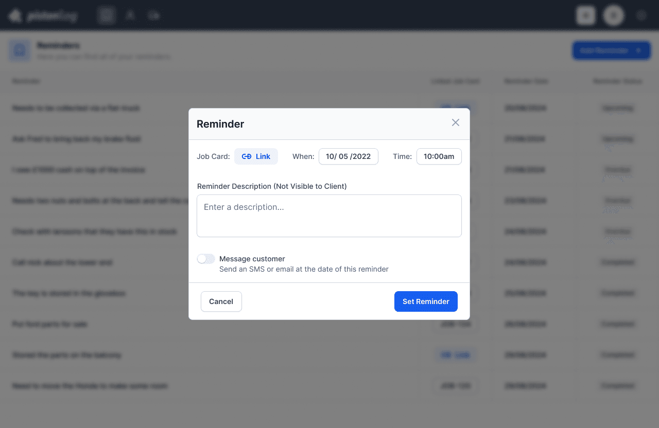 Early reminder dialog with a linked job card, date, time and optional customer message