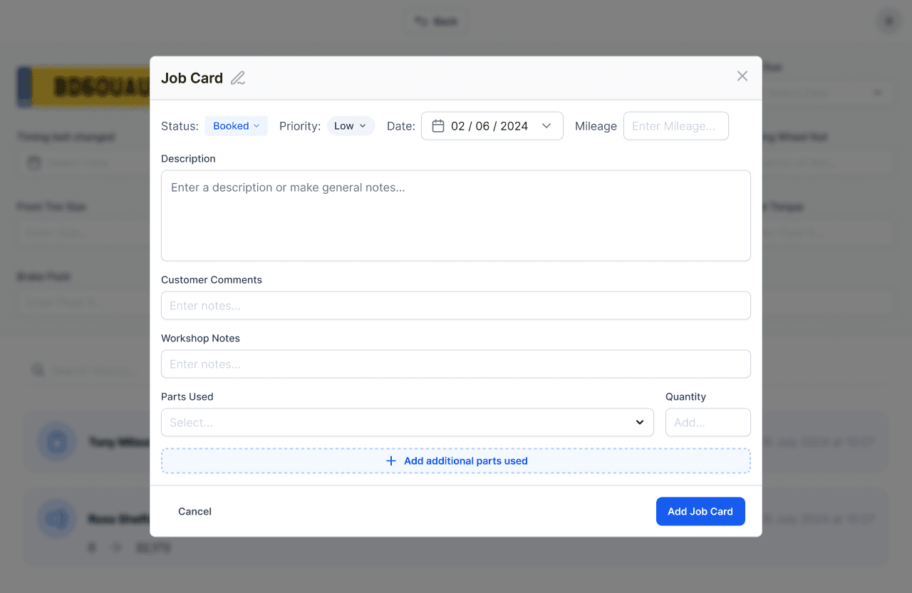 Early job card form with status, priority, mileage, notes and parts quantities