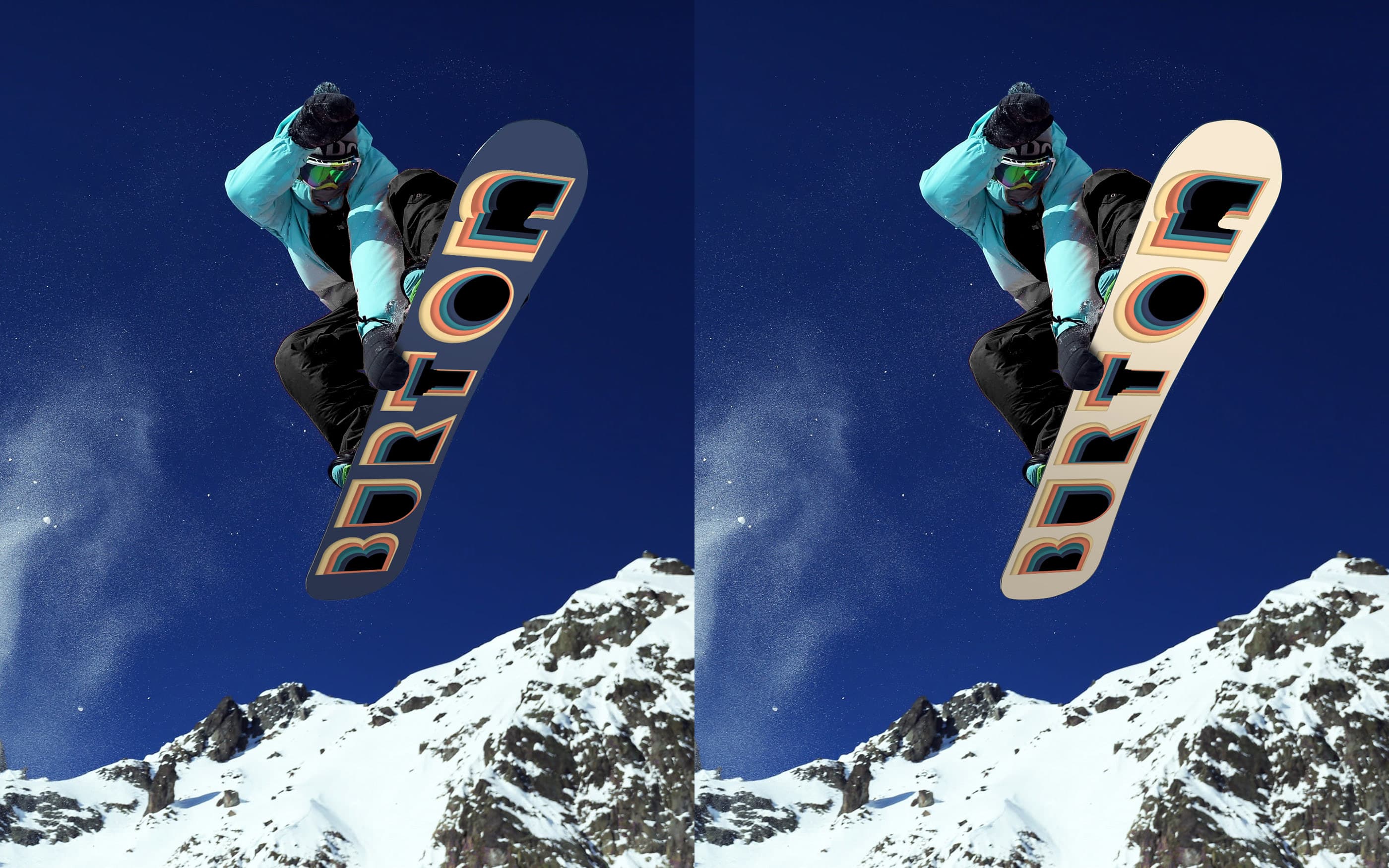 Two Burton snowboard colourways shown with a snowboarder in mountain terrain