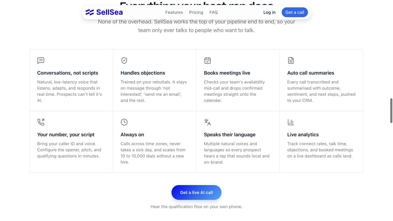 SellSea capability grid covering conversations, objections, meetings and call summaries