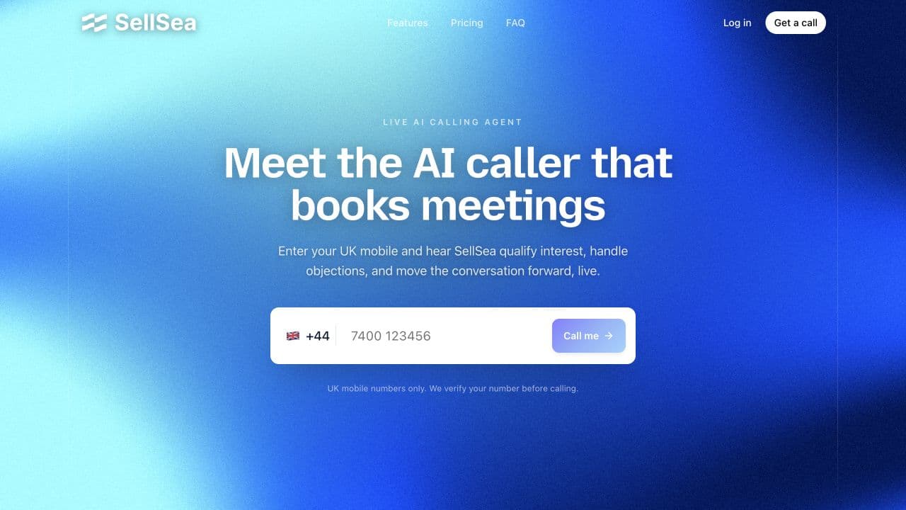 SellSea website showing the live AI caller and mobile number field