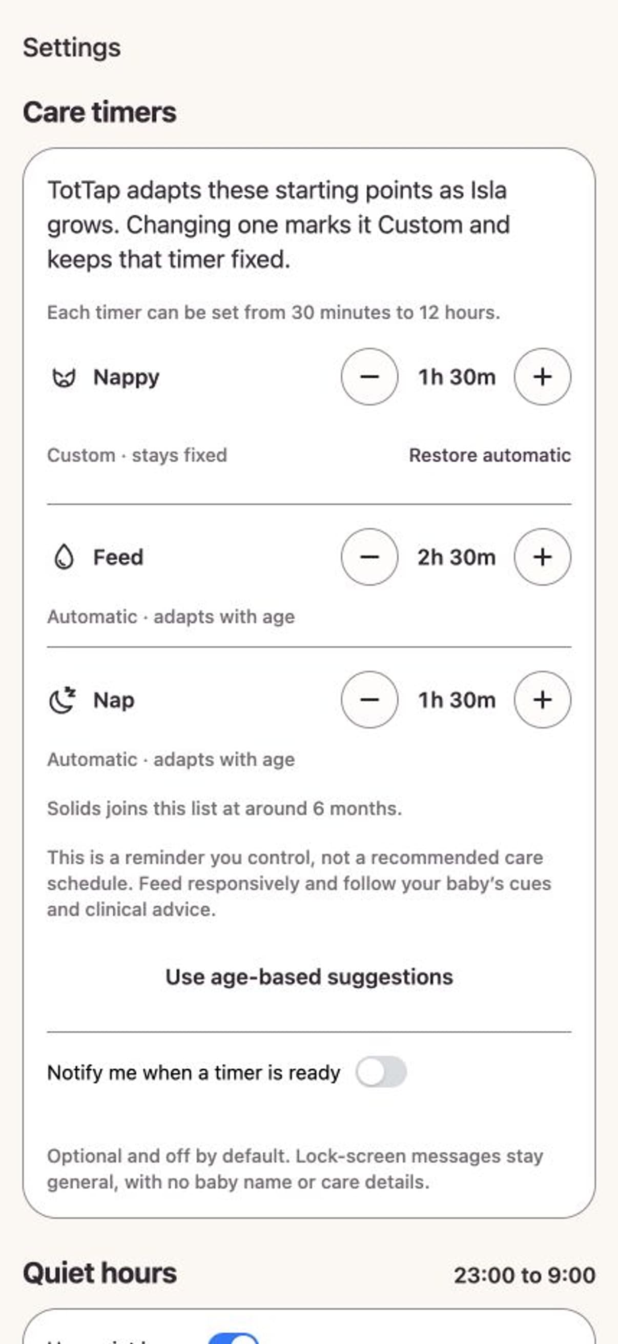 TotTap care-timer settings with age-based or custom intervals, optional reminders and quiet hours