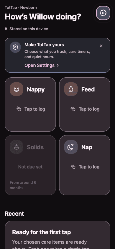 The same TotTap dashboard in dark mode, retaining the four care actions and high-contrast labels
