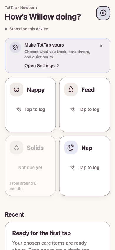 TotTap light-mode development dashboard, showing large Nappy, Feed, Solids and Nap cards for a test profile